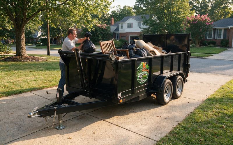 JK dump trailer parked on a driveway while a homeowner loads it